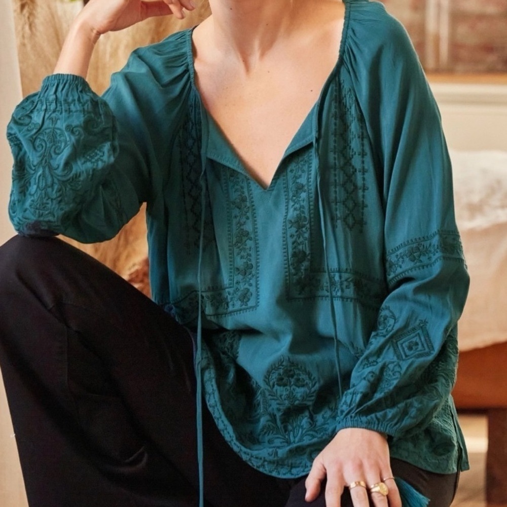 Savanna Jane Teal Embroidered Blouse